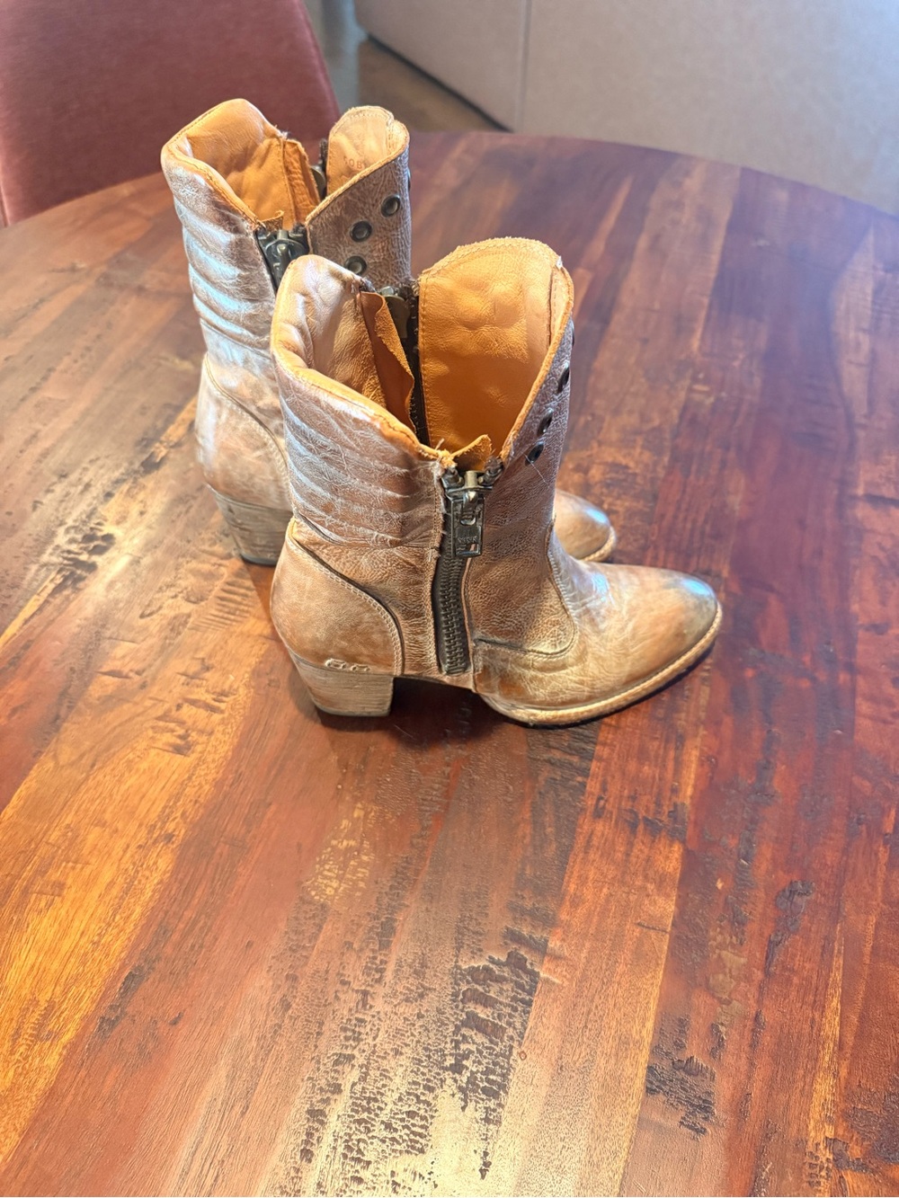 Bed Stu Distressed Brown Leather Cobbler Ankle Booties with Side Zip